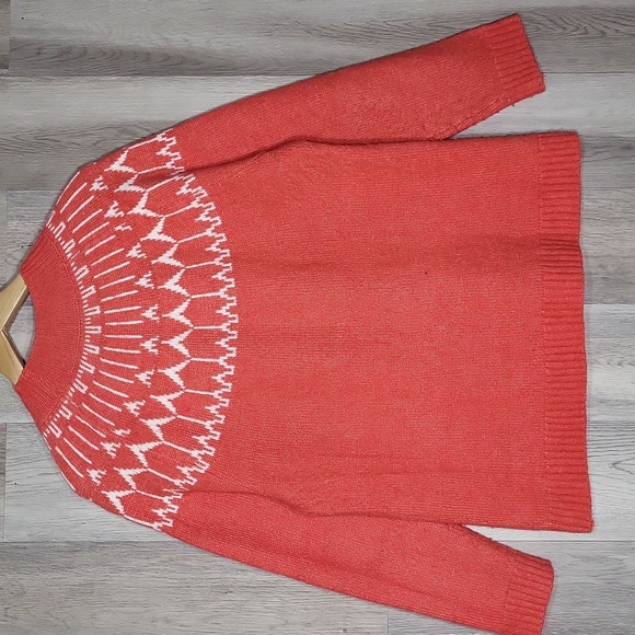 🛍Talbots Womens Large Petite Orange White Wool Fair Isle High Neck Sweater‎ - Picture 2 of 6